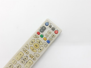 White Grey Plastic Luxury Modern Wireless Infrared Technology Remote Control of Television Movie Video with Rubber Material Colorful Buttons in White Isolated Background