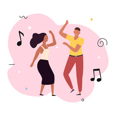 Obraz na płótnie Canvas Young happy dancing guy and girl isolated on a white background. Smiling young man and woman enjoy a dance party. Flat style. Vector illustration