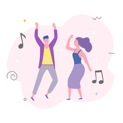 Fototapeta na wymiar Young happy dancing guy and girl isolated on a white background. Smiling young man and woman enjoy a dance party. Flat style. Vector illustration