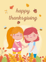 Obraz na płótnie Canvas happy thanksgiving day cute little girls acorn bees leaves fall