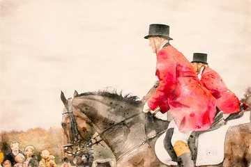 Foto op Canvas Watercolor painting of two horse riders in red uniforms and top hats during a fox hunt. Equestrian riding sport in a public park. © Ole