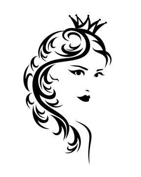 beautiful princess girl with long hair wearing royal crown - black and white vector queen portrait