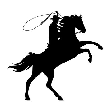 cowboy riding rearing up horse and throwing lasso - wild west ranger black and white vector silhouette design