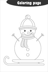 Snowman in cartoon style, coloring page, christmas education paper game for the development of children, kids preschool activity, printable worksheet, vector illustration