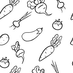  vector illustration vegetables on a white background, black and white drawing, beets, potatoes, onions, radishes, carrots