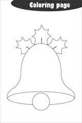 Xmas bell in cartoon style, coloring page, christmas education paper game for the development of children, kids preschool activity, printable worksheet, vector illustration
