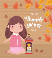 happy thanksgiving day cute girl with lamp candle foliage decoration