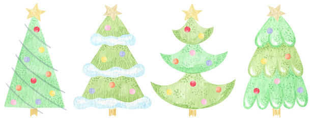 Christmas trees in different styles. Watercolor set of stylized illustration. Christmas tree collection for holiday xmas and new year. Can be used for greeting card, invitation, posters, textile.
