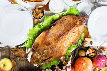 Roasted whole duck on Thanksgiving day traditional