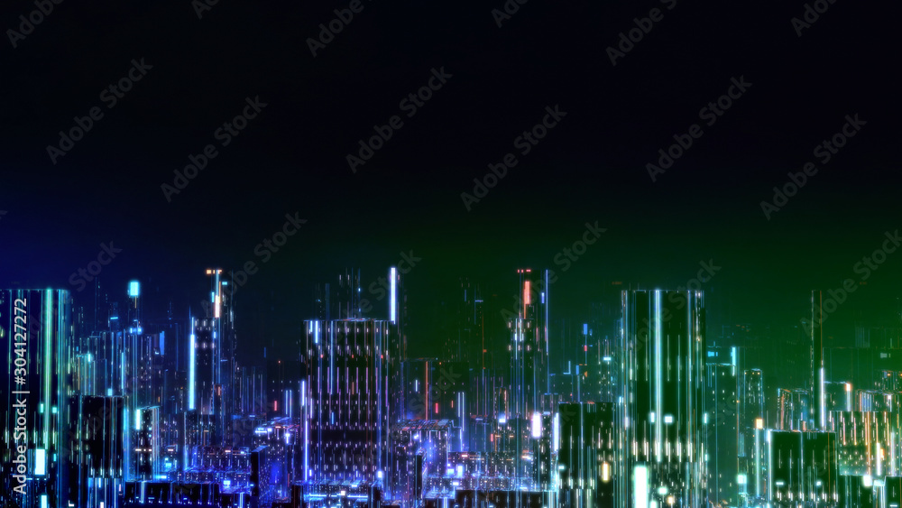 Wall mural 3d rendering of digital city at night with various color led glowing lights. concept of big data, ma