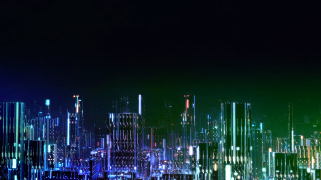 3D Rendering of digital city at night with various color led glowing lights. Concept of big data, machine learning, business artificial intelligence, hyper loop, virtual reality, panorama view