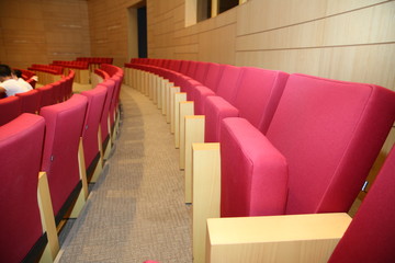 Traditional classically regal ornate rounded wood armed formal plush deep red velvet opera movie theater chairs in curved row with decorative gold molding in fancy carpeted venue