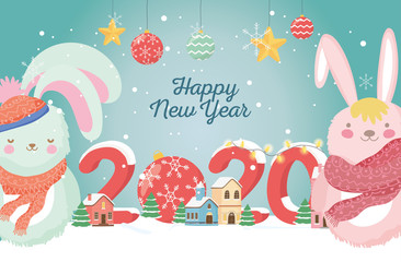 Obraz premium happy new year 2020 celebration cute rabbits with scarf town snow balls stars