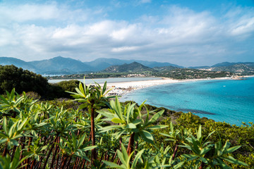 Fototapeta na wymiar The beautiful view over the beach of Villasimius, Sardinia. 