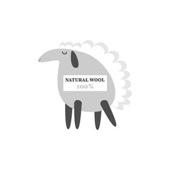 Funny cartoon sheep with text "natural wool 100%". Isolated vector animal for wool yarn , threads logo