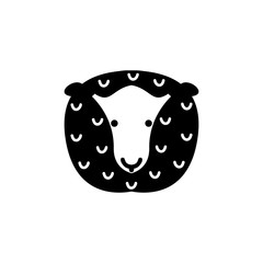 Isolated vector sheep's face. Cute farm animal, black and white illustration. 