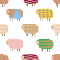 Vector colorful sheep with vintage texture. Seamless pattern with farm animals on white background. Design for wrapping paper, textile. fabric