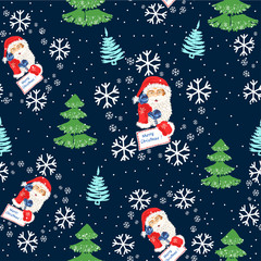 Holiday Happy Background with Santa Claus and Christmas Pine Forest and Snowflakes.	