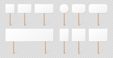Blank demonstration banners collection isolated on transparent background. Protest signs on wood sticks set. Blank placard mockups with wooden holders realistic 3d vector illustration.