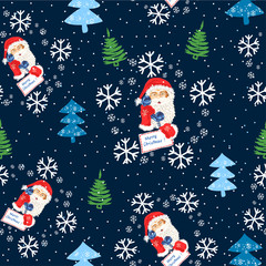 Holiday Happy Background with Santa Claus and Christmas Pine Forest and Snowflakes. 