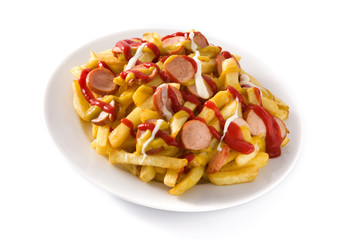 Typical Latin America Salchipapa. Sausages with fries, ketchup, mustard and mayo, isolated on white background