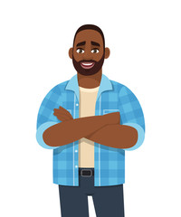 Trendy young African American man standing with crossed arms. Stylish person looking and posing folded hands. Male character design illustration. Modern lifestyle concept in vector cartoon style.