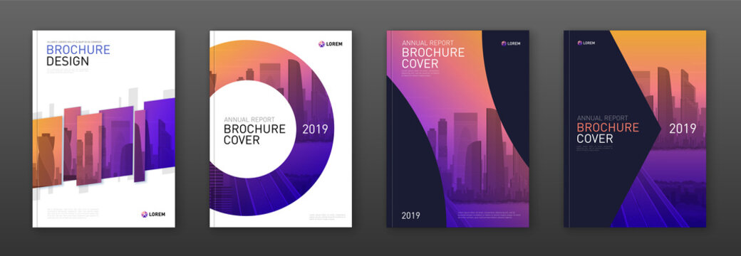 Brochure cover design layout set for business and construction. Abstract geometry whith colored cityscape vector illustration on background. Good for annual report, industrial catalog design.