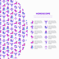 Horoscope concept with thin line icons and copy space. Zodiac signs: capricorn, aquarius, aries, pisces, virgo, libra, scorpio, sagittarius, taurus, gemini, leo. Modern vector illustration.