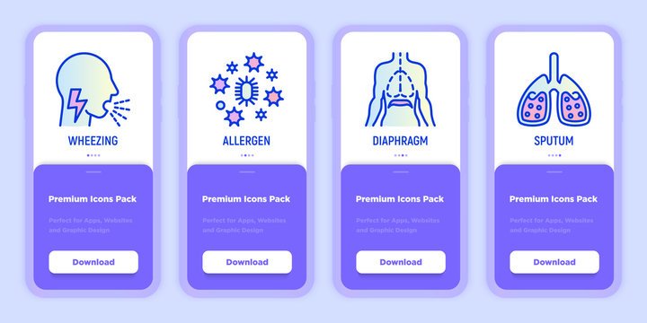 Asthma mobile user interface with copy space and thin line icons: wheezing, allergen, diaphragm, sputum. Modern vector illustration for medical mobile app.