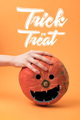 partial view of woman touching pumpkin on orange background with trick or treat illustration