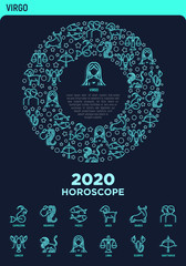Horoscope concept in circle with thin neon line icons. Zodiac signs: capricorn, aquarius, aries, pisces, virgo, libra, scorpio, gemini, leo. Web page template with copy space. Vector illustration.