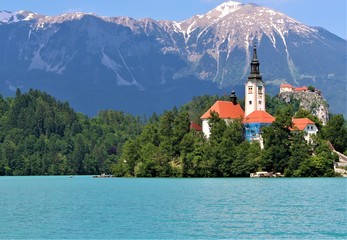 Stunning view to Bled Island with its church and Bled Lake 