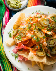 Nachos with melted cheese, beans, guacamole, sour cream, salsa, green onions, jalapeños, and enchilada sauce. Presented on a mexican sarape.