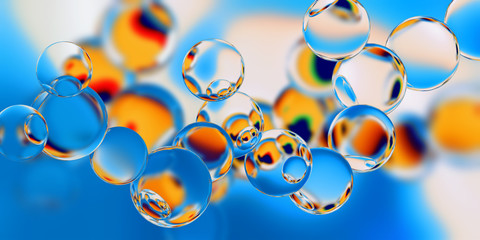 Model of the molecule on a blue background. Abstract 3d illustration relevant to scientific, chemical, and physical subjects. - obrazy, fototapety, plakaty