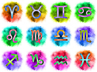 Set of the twelve zodiac signs with circles of paint in the background