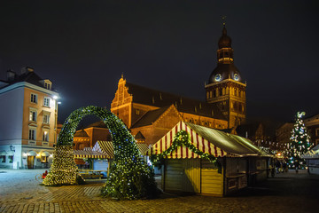 Festive town lights on the square near the cathedral