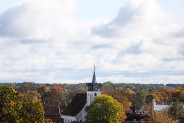 Beautiful village countryside view of old city Kuldīga, located in Latvia. Photo taken on sunny autumn day.