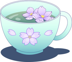 Green tea with sakura flowers. Vector illustration of herbal tea