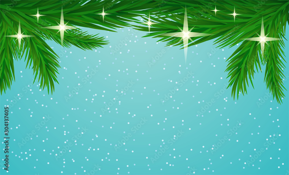 Wall mural christmas background with fir branches on a blue winter background.