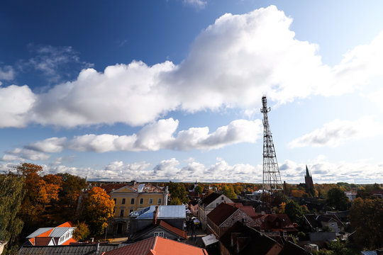 Beautiful village countryside view of old city Kuldīga, located in Latvia. Photo taken on sunny autumn day.