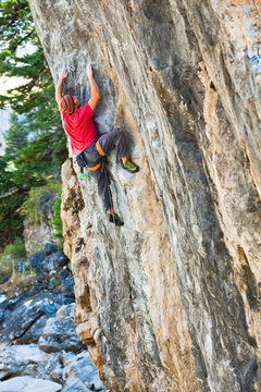 Kyle Vassilopoulos climbs beautiful limestone on Kraken (5.12c) at Natural Bridge State Park.