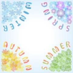 Four Seasons frame: spring, summer, autumn, winter.Cartoon illustration representing the seasons cycle.