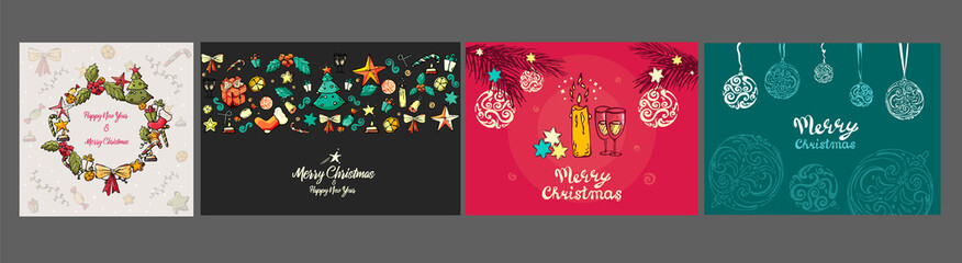 Cute hand drawn doodle Christmas cards, brochures, postcards with deer, christmas tree, present, snowflakes, balls, snow. Christmas holiday background, elements.