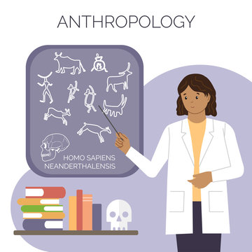 Female anthropologist. International Day of Women and Girls in Science. Vector flat illustration.  Isolated. White background