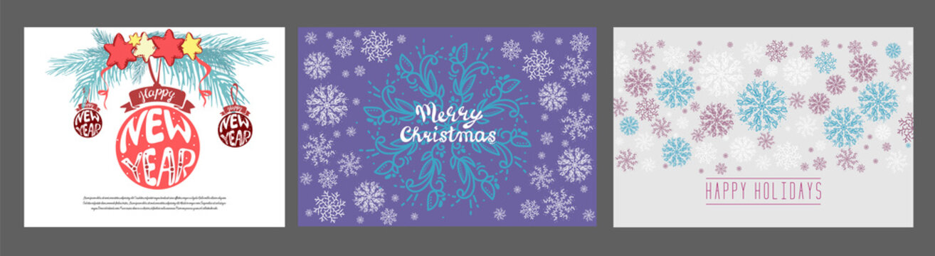 Cute hand drawn doodle Christmas cards, brochures, postcards with christmas, balls, snow snowflake. Christmas holiday background, elements.