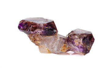 macro mineral stone Amethyst on smoky quartz on a white background