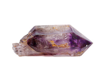 macro mineral stone Amethyst on smoky quartz on a white background