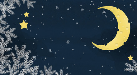 winter texture blue background, cheese moon, spruce branches, stars and snowflakes, illustration - 304138884