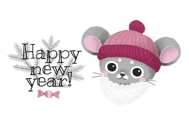 cute mouse symbol of the year Santa Claus, happy new year 2020 greeting, banner illustration template