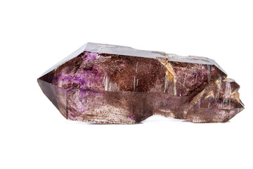 macro mineral stone Amethyst on smoky quartz on a white background